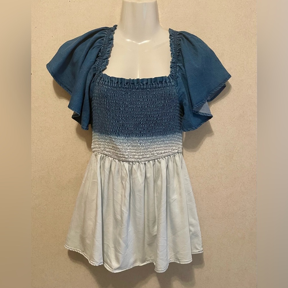 White Birch Blue and White Flutter Sleeve Smocked Blouse